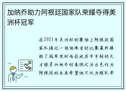 加纳乔助力阿根廷国家队荣耀夺得美洲杯冠军 加纳乔助力阿根廷国家队荣耀夺得美洲杯冠军
