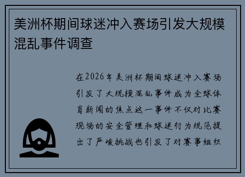 美洲杯期间球迷冲入赛场引发大规模混乱事件调查
