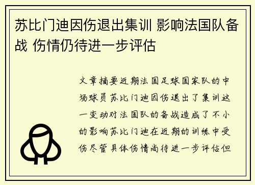 苏比门迪因伤退出集训 影响法国队备战 伤情仍待进一步评估